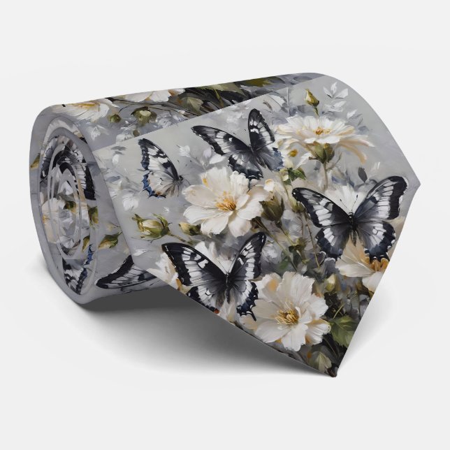 Corbata "Contraste Elegante: Mariposas Negras Y Blancas (Enrollado)