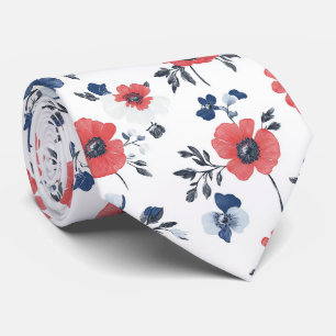 Corbata Coral Amapola Azul Marino Floral Botánico