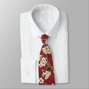 Corbata Coral Crema Flor de Ciruelo Japonés Patrón Burgund