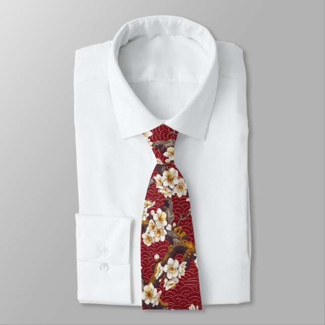 Corbata Coral Crema Flor de Ciruelo Japonés Patrón Burgund (Atado)