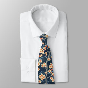 Corbata Coral Crema Sakura Azul Marino Patrón Floral