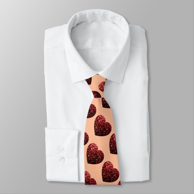 Corbata Corazón brilla patrón rojo melocotón San Valentín  (Atado)