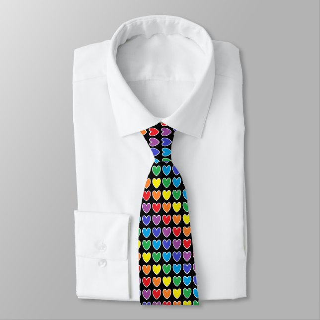 Corbata Corazones arcoiris delineados en blanco (Atado)