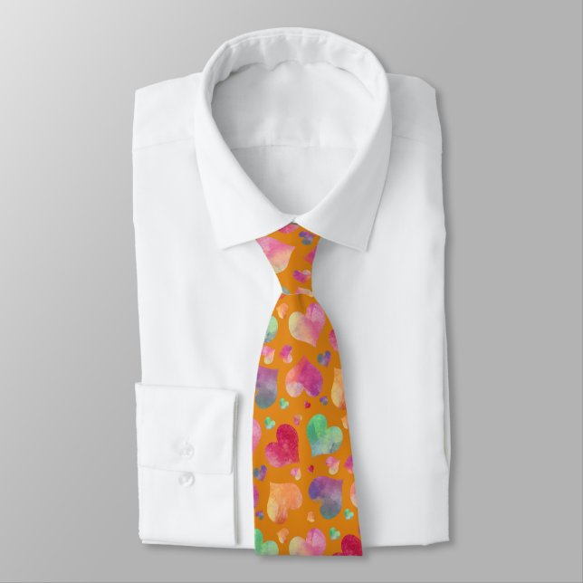 Corbata Corazones de Acuarela Patrón Naranja  (Atado)