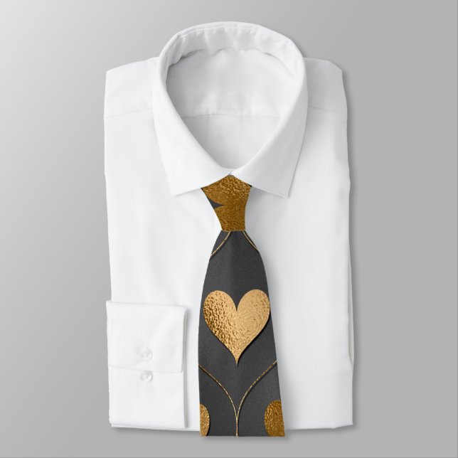 Corbata Corazones de oro en San Valentín elegante negro (Atado)