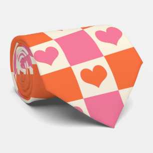Corbata Corazones de tablero de ajedrez en rosa, Naranja y