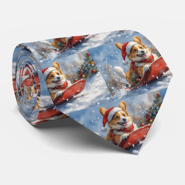 Corbata Corgi Perro en Trineo Deja que Nieve Navidad (Enrollado)