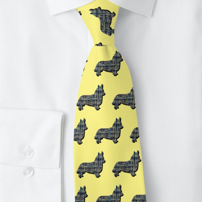 Corbata Corgi Welsh Perro Cuello Amarillo y Cuadrícula Neg (Corgi dog silhouette grid pattern yellow tie)