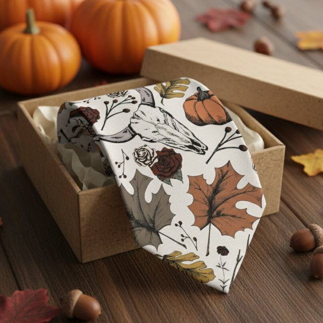 Corbata Costa de Marfil Occidental Bull Skull Country (Modern Ivory Thanksgiving Foliage Mens Tie. Fall Harvest, Cow Skull, Leaves Autumn Colors Pattern.)