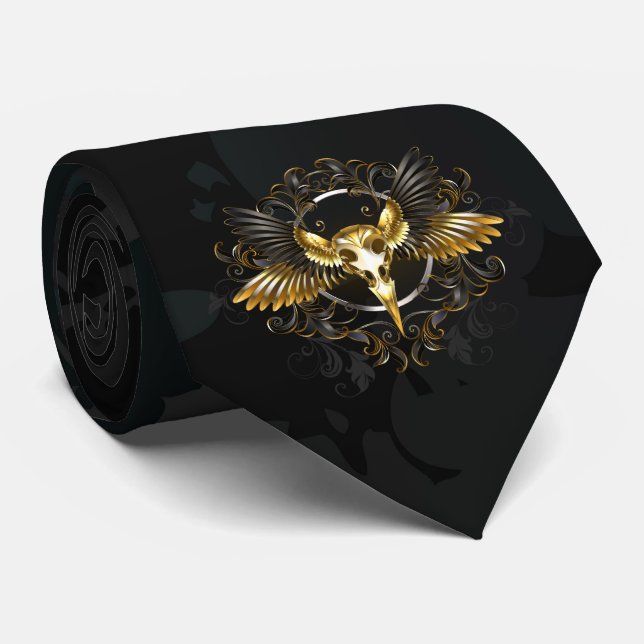 Corbata Cráneo de pájaro dorado sobre fondo negro (Enrollado)