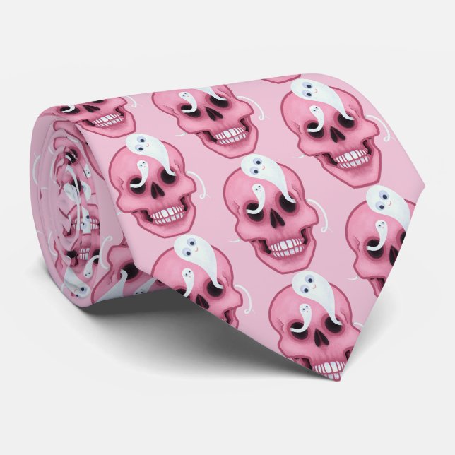 Corbata Cráneo divertido de Halloween rosa (Enrollado)