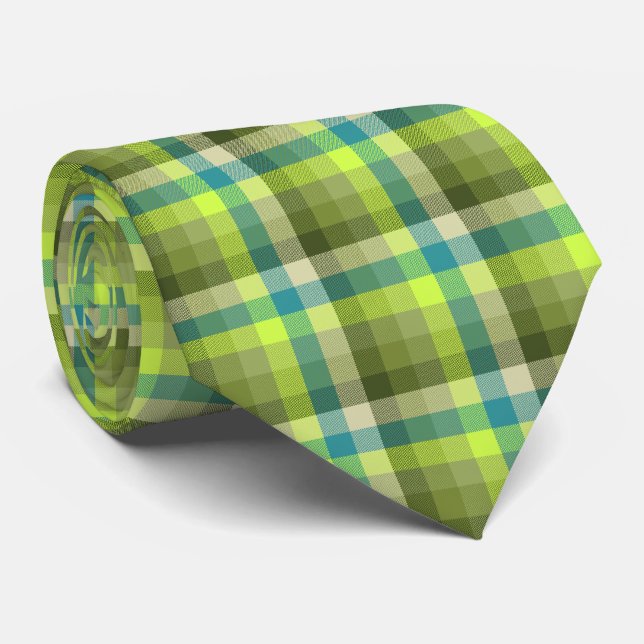 Corbata Crazy Check Olive verde y Verde azulado a dos lado (Enrollado)