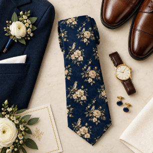 Corbata Cream Chinoiserie Pájaro y Peonía sobre Azul Índig