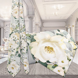 Corbata Creamy White Peony Boda Sage Green Floral