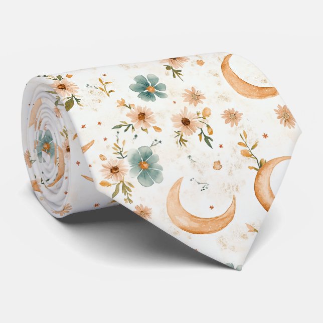 Corbata Creciente Lunar Celestial Floral Dorado Brillante (Enrollado)