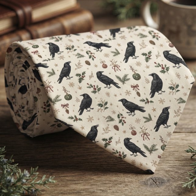 Corbata Crema Botánica de Fiesta de Cuervos (Cream raven pattern necktie for nature lovers at holiday parties.)