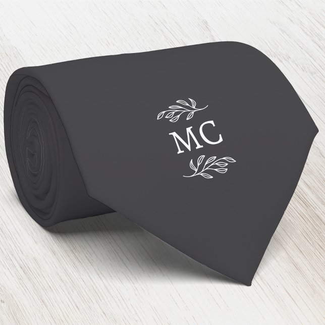 Corbata Crest de iniciales de monograma Hoja botánica Gris (Simple botanical leaf monogram initials personalized crest neck tie)