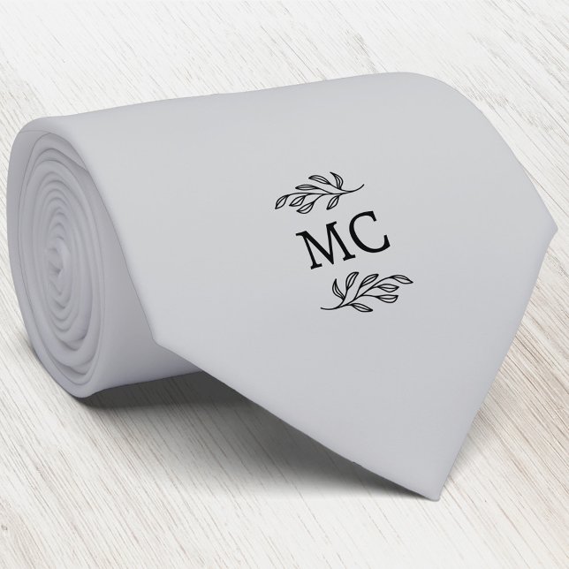 Corbata Crest Inicial Monograma Hoja Botánica Gris Platead (Simple botanical leaf monogram initials personalized crest neck tie)