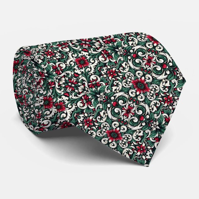 Corbata Crimson Red, Hunter Green, Black, & Ivory Floral  (Enrollado)