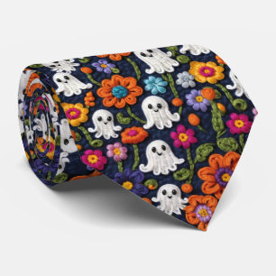 Corbata Crochet Look Halloween Fantasma y Naranja Floral