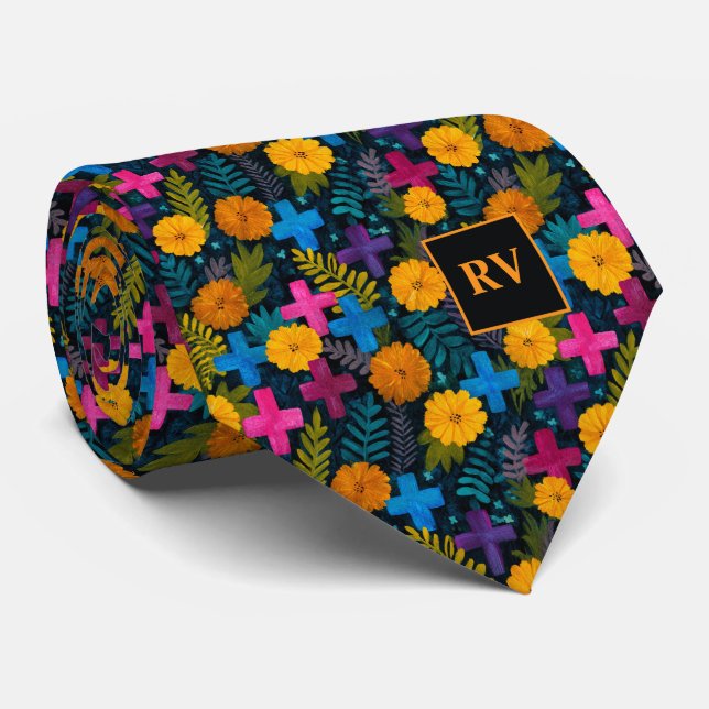 Corbata Cruces y Marigolds del Día de Muertos (Enrollado)