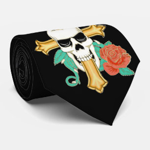 Corbata Cruz de cráneo y Rosa