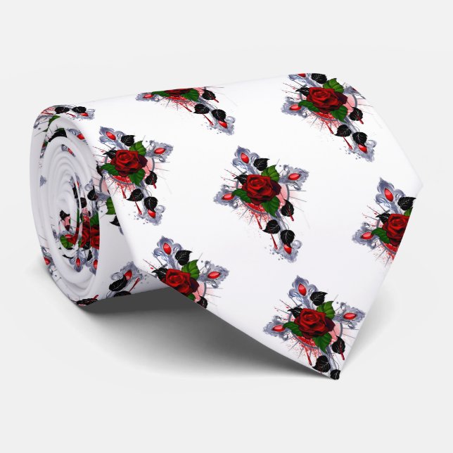 Corbata Cruz de Plata con una Rosa Roja (Enrollado)