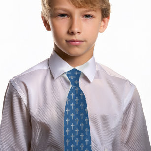 Corbata Cruz religiosa clásica azul falso plata Comunión