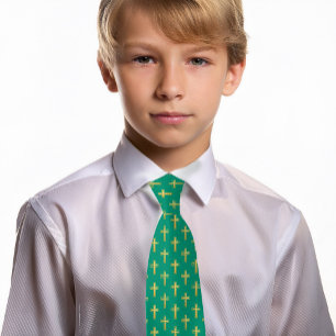 Corbata Cruz religiosa esmeralda verde falso oro Comunión 