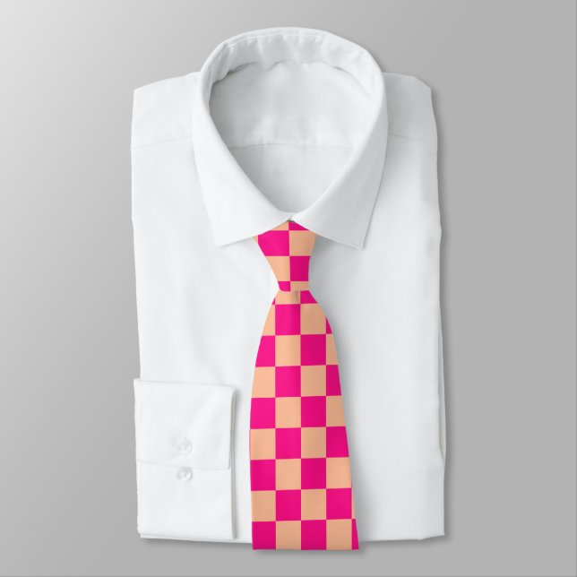 Corbata Cuadrados a cuadros melocotón rosa caliente retro (Atado)