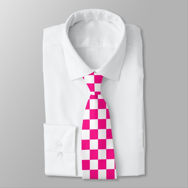 Corbata Cuadrados controlados retro blanco rosado caliente (Atado)