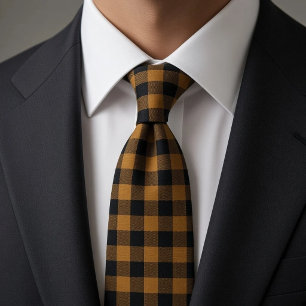 Corbata Cuadro de búfalo negro dorado Gingham 