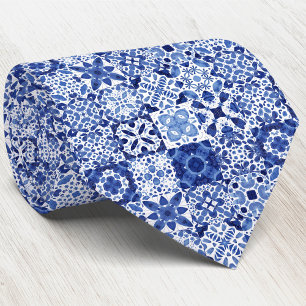 Corbata Cuadros de agua del patrón de mosaico blanco azul 