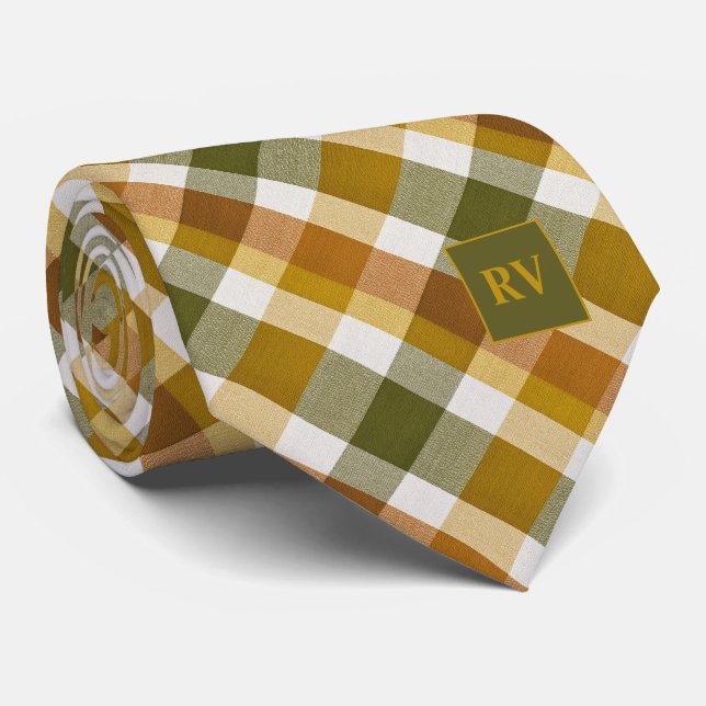 Corbata Cuadros de otoño rústico naranja Monogramado de ot (Enrollado)