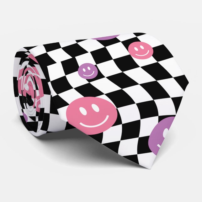 Corbata Cuadros retro Smiley Groovy, Y2K 90s (Enrollado)