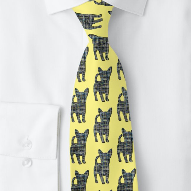 Corbata Cuello Amarillo y Azul del Perro Chihuahua (Chihuahua dog silhouette grid pattern yellow tie)