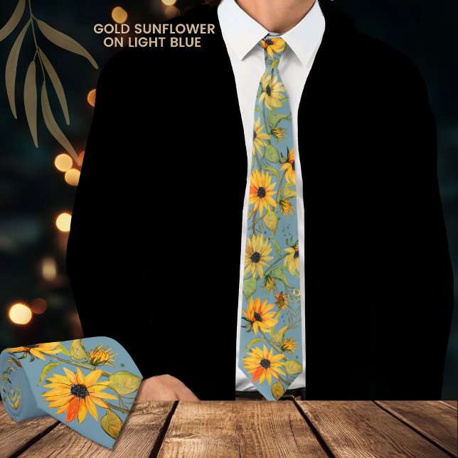 Corbata Cuello azul claro de girasol dorado (Golden Watercolor Sunflower Light Blue Neck Tie)