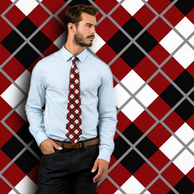 Corbata Cuello de impresión de arcilla marrón, negro, blan (Handsome man wearing maroon argyle necktie. Standing against maroon argyle patterned wall.)