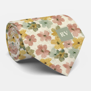Corbata Cuello monogramado floral verde y rosa