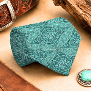 Corbata cuero trabajado turquesa verde occidental