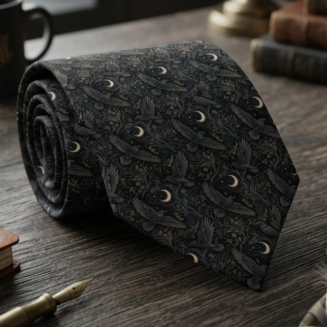 Corbata Cuervo Celestial Ónix Malhumorado (Celestial raven pattern necktie for dark academia scholars attending evening gatherings.)