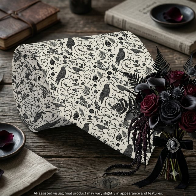 Corbata Cuervo de marfil negro profundo gótico temperament (Raven print necktie and dark floral bouquet for the alternative groom's gothic wedding.)