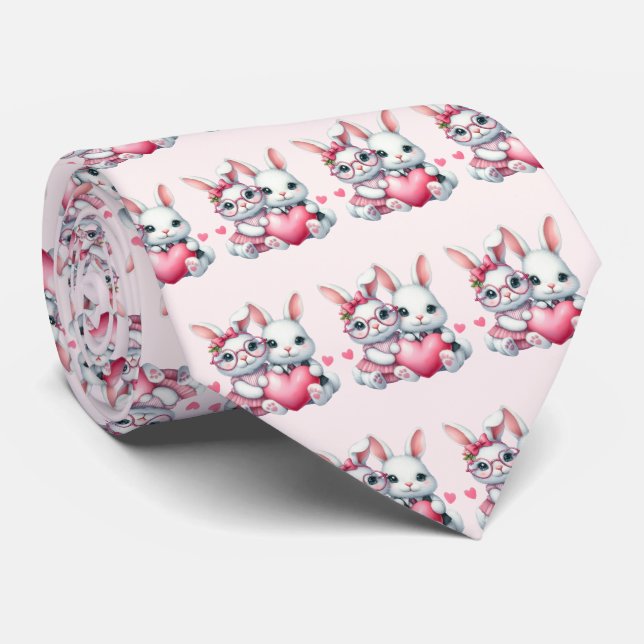 Corbata Cute Bunnies Sharing a Heart Pattern (Enrollado)
