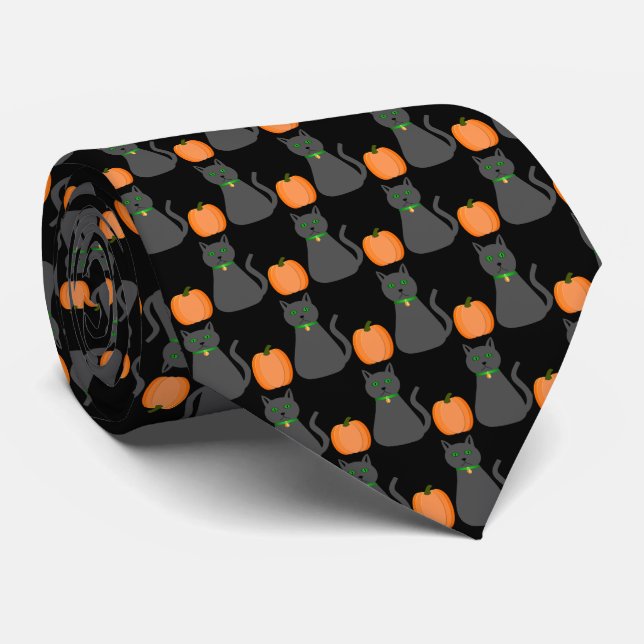 Corbata Cute gato de Halloween y calabaza estampados (Enrollado)