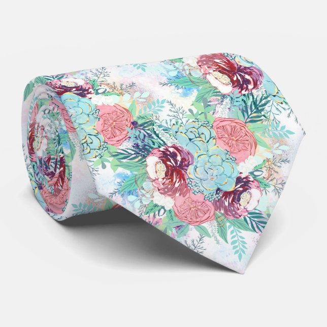 Corbata Cute Pink Mint Peony & Succulent Floral Hand Paint (Enrollado)