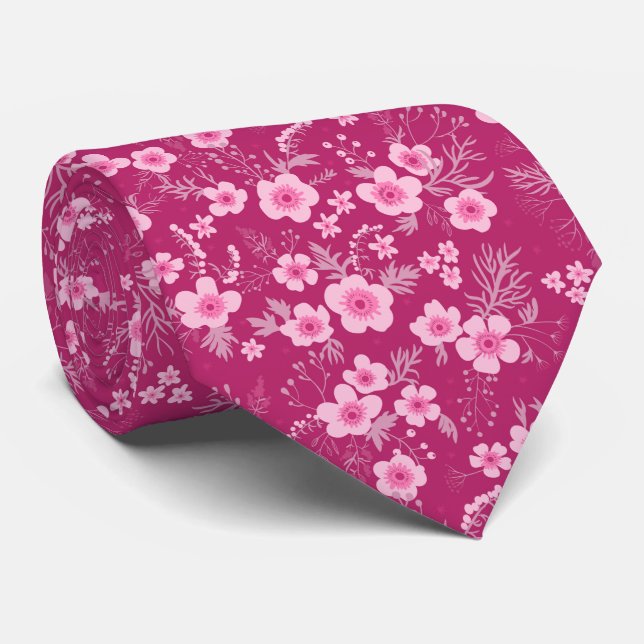 Corbata Cute small pink floral with Magenta background (Enrollado)