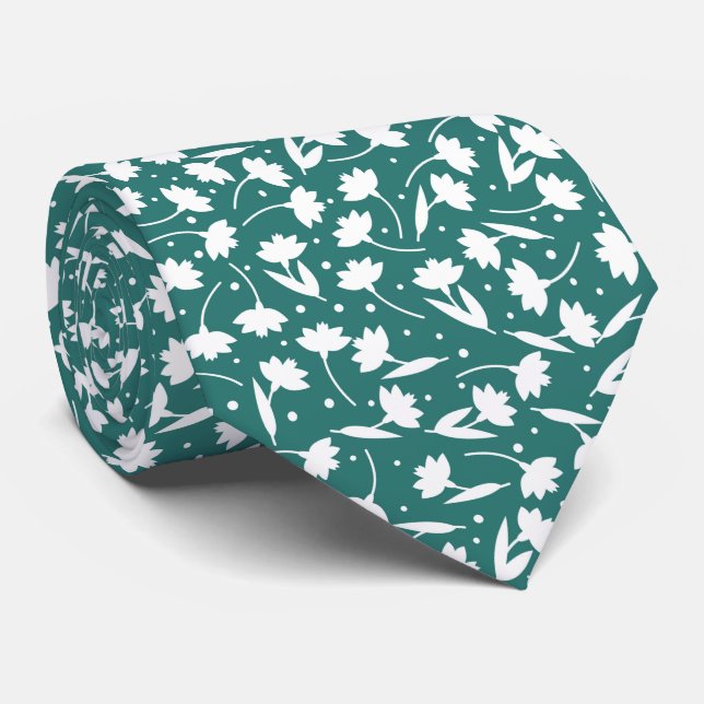Corbata Cute tiny white flower pattern turquoise pattern (Enrollado)