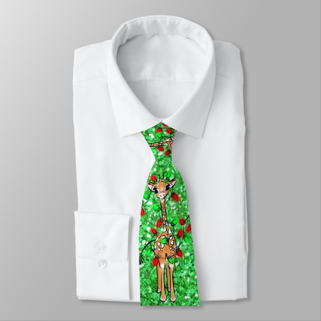 Corbata CuteGiraffe luces de trineo brillante verde (Atado)