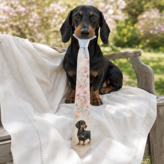 Corbata Dachshund Acuarela Flor de Primavera (Spring Blossom Watercolor Dachshund Neck Tie)