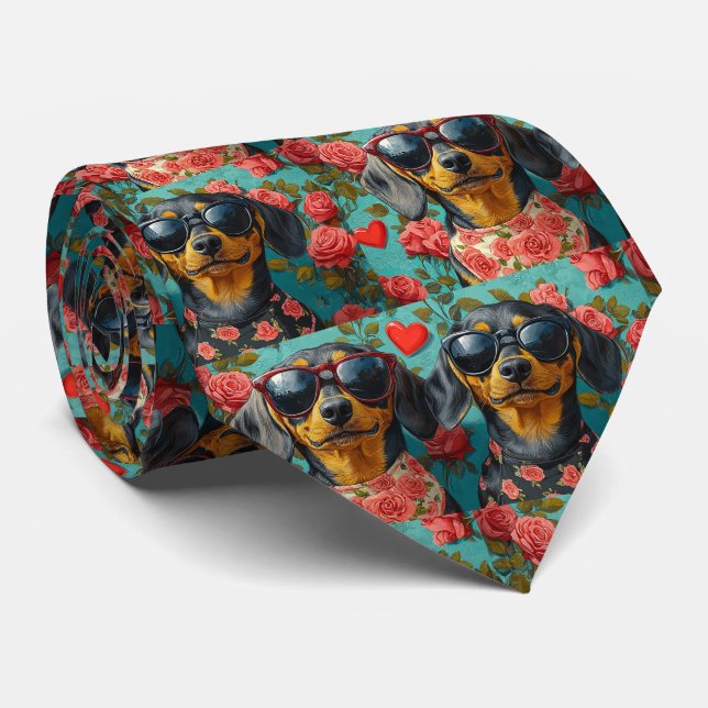 Corbata Dachshund Con El día de San Valentín De Rosas Del  (Enrollado)
